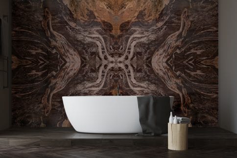 A natural quartzite used on a featured wall in a bathroom with a bookmatch effect.