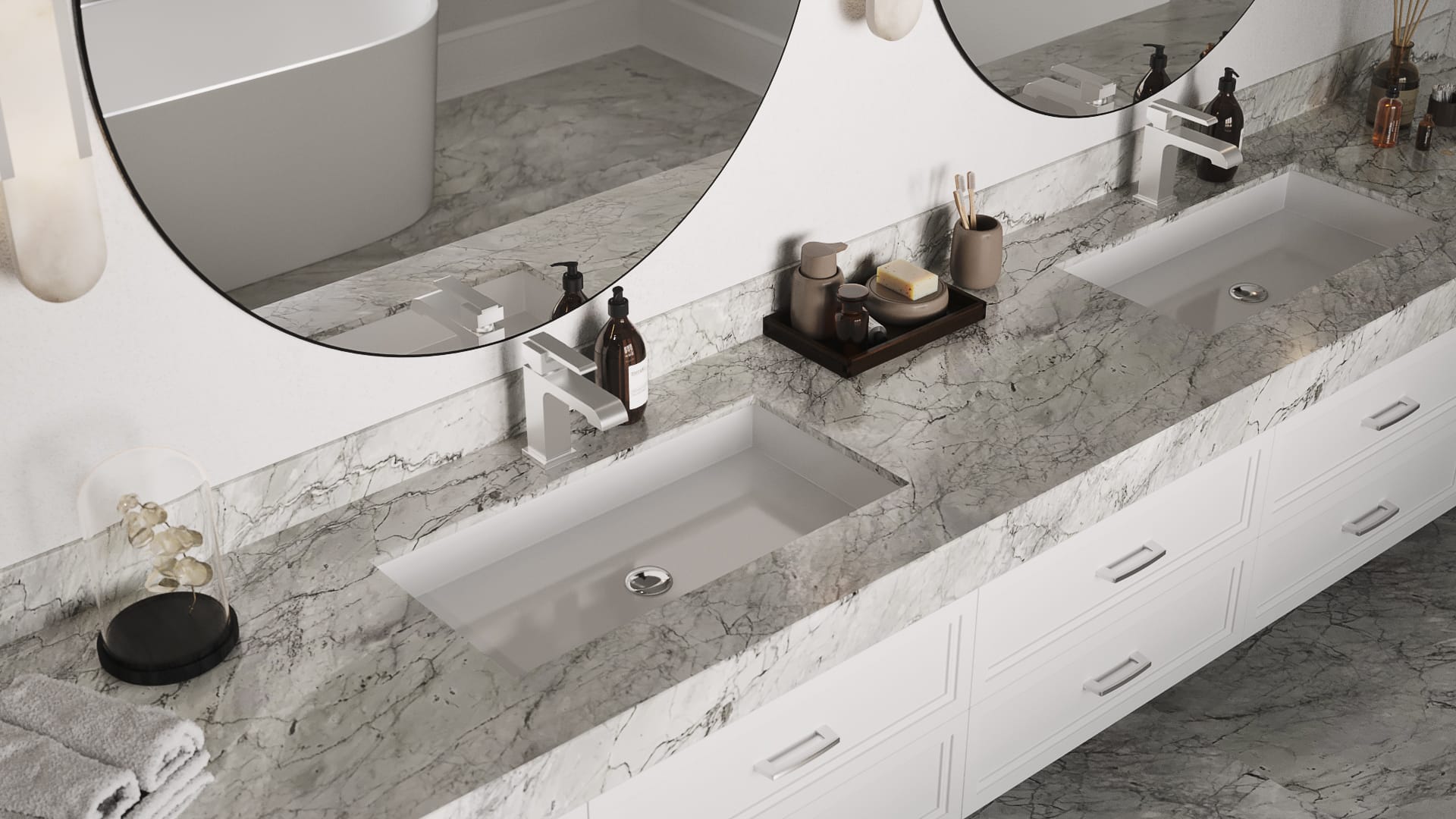 A double sink marble countertop. 