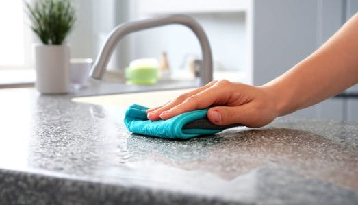 Close up of a hand cleaning a granite countertop with a soft cloth and water