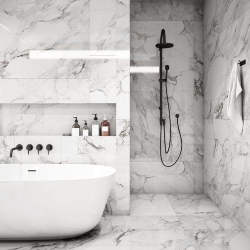 A bathroom using quartz on the shower walls and floors. 