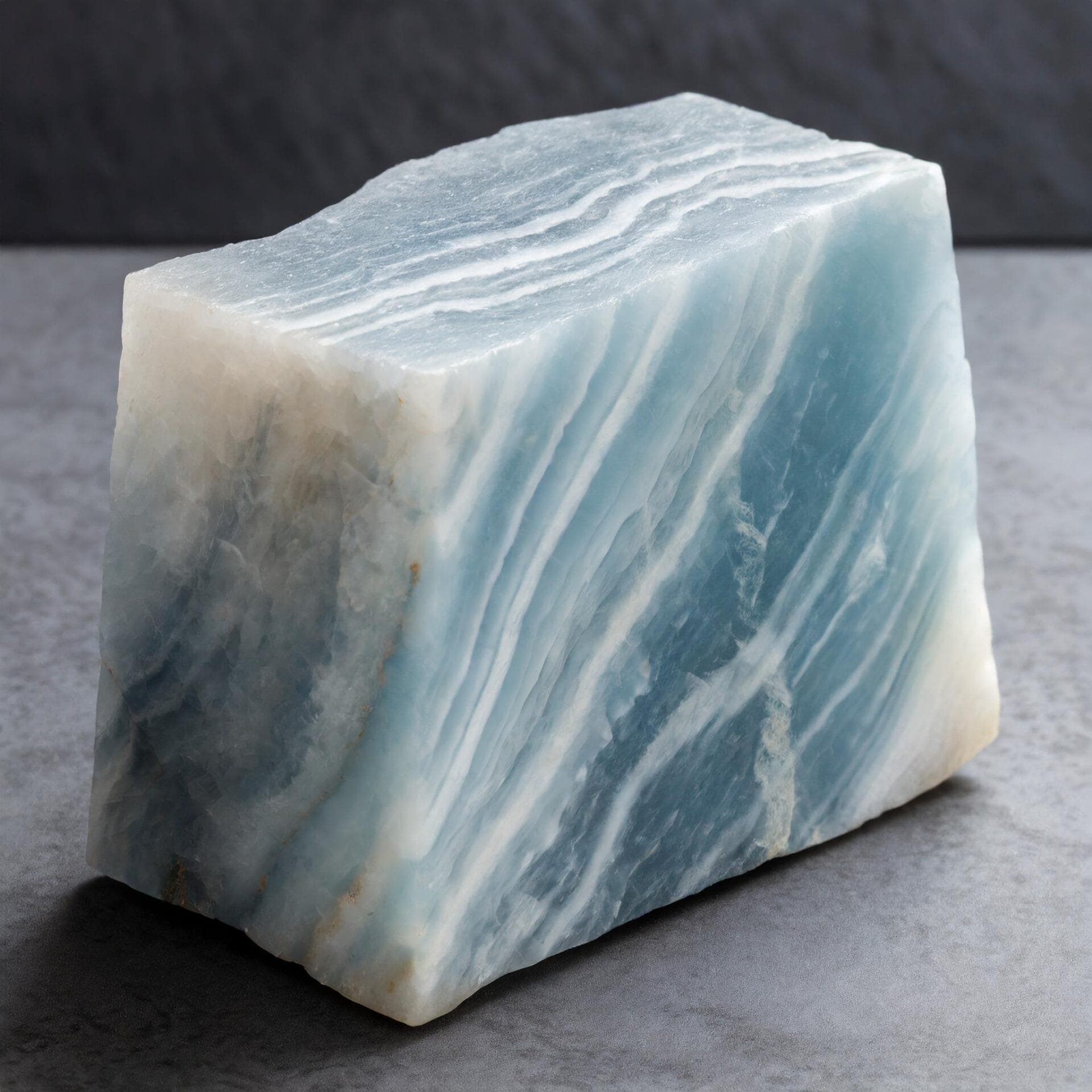 A block of light blue quartzite on a grey backgroun